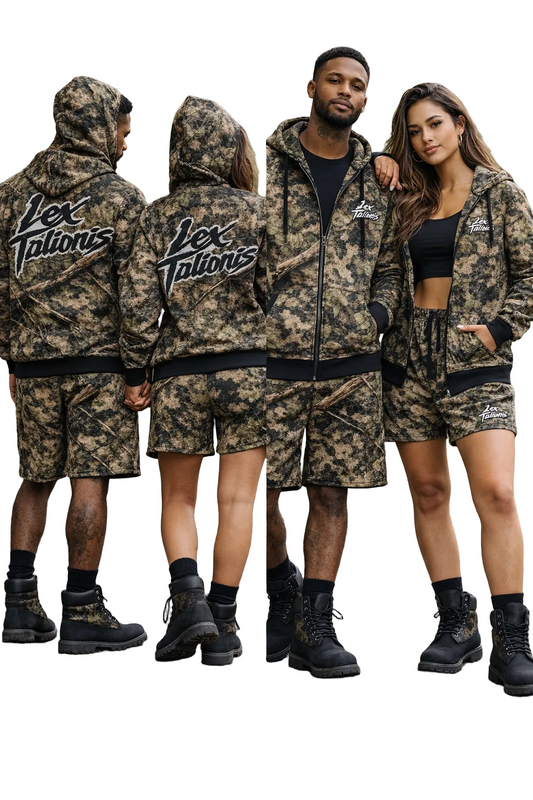 Four models wearing matching camouflage outfits with 'Lex Tattions' branding in a forest setting.