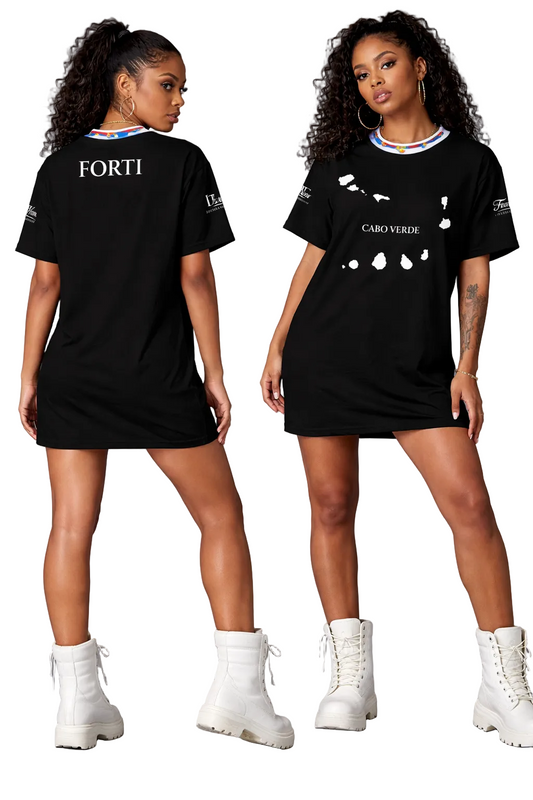 Two views of a person wearing a black t-shirt with visible branding on a gray background