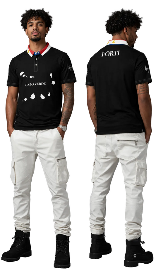 Man wearing a black polo shirt with white patterns on the front and 'FORTI' branding on the back, paired with white pants and black shoes.