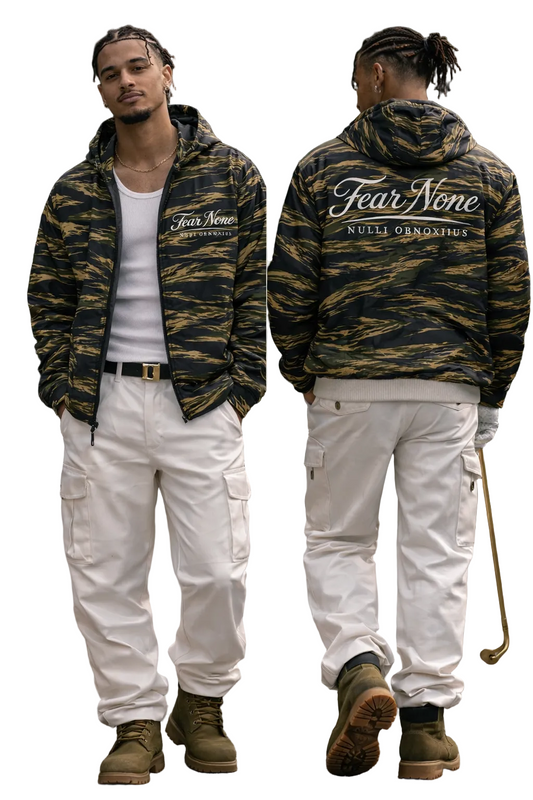 Person wearing a camouflage jacket with 'Fear None' text, white pants, and brown boots outdoors.