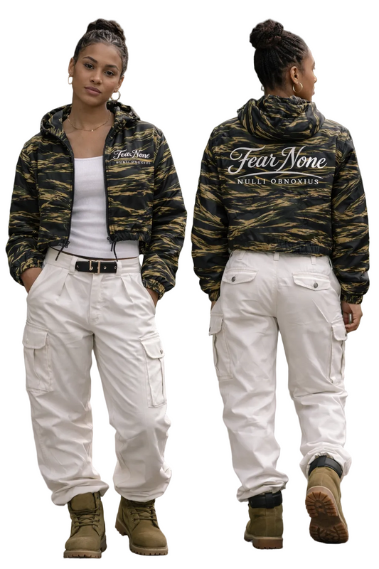 Person wearing a camouflage jacket with 'Fear None' text, white pants, and brown boots, shown from front and back.