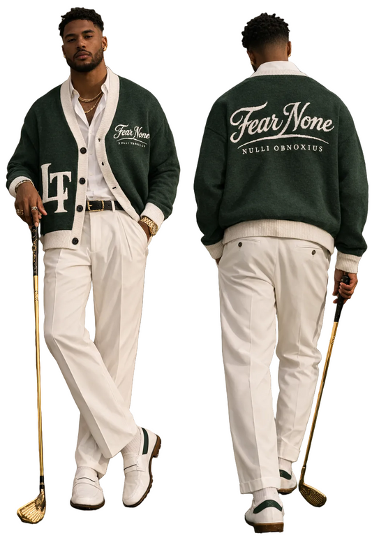 Man wearing a green cardigan with 'LT' and 'Fear None' text, holding a golf club on a golf course.