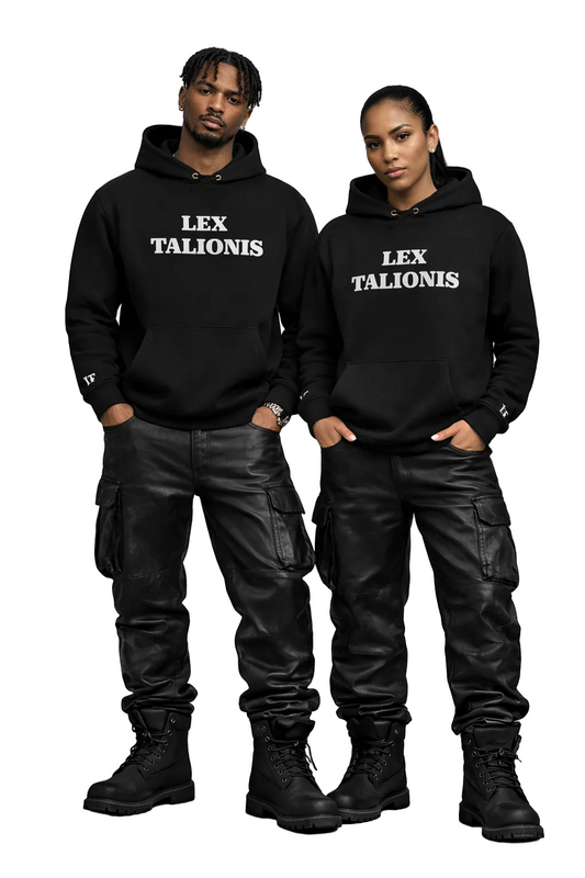 Two people wearing black hoodies with 'LEX TALIONIS' text, standing against a white background.