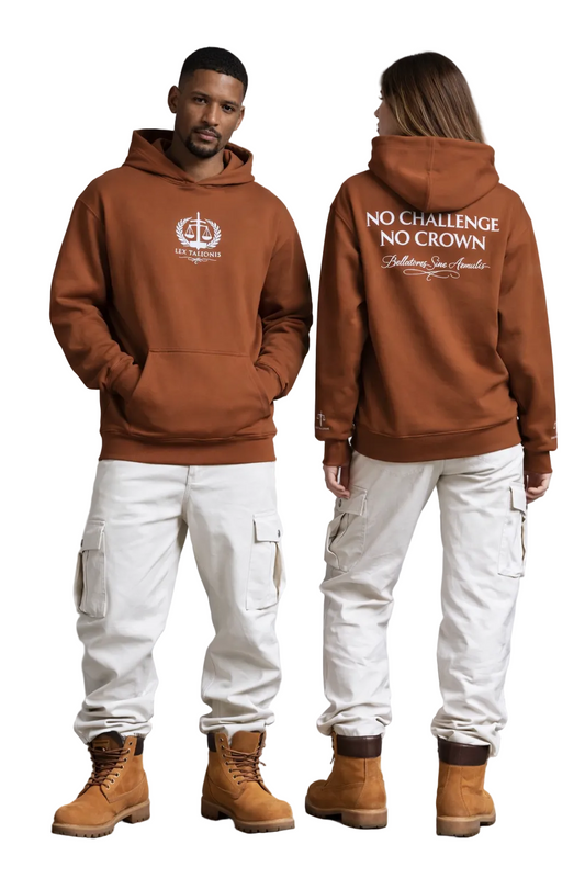 Two people wearing brown hoodies with text, standing side by side against a gray background.