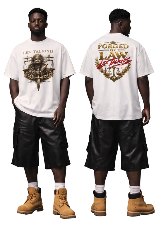 Person wearing a white t-shirt with graphic designs on the front and back, standing against a gray background.