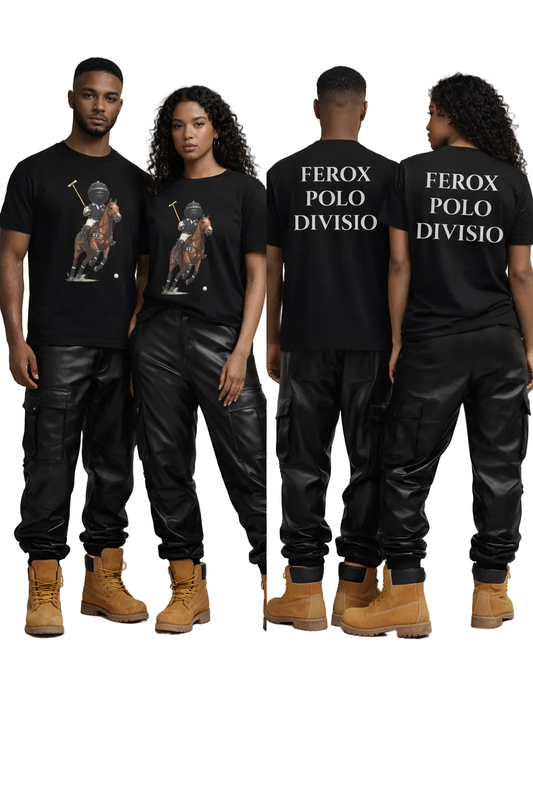 Two pairs of people wearing matching black outfits with 'Ferox Polo Divisio' text on a white background.