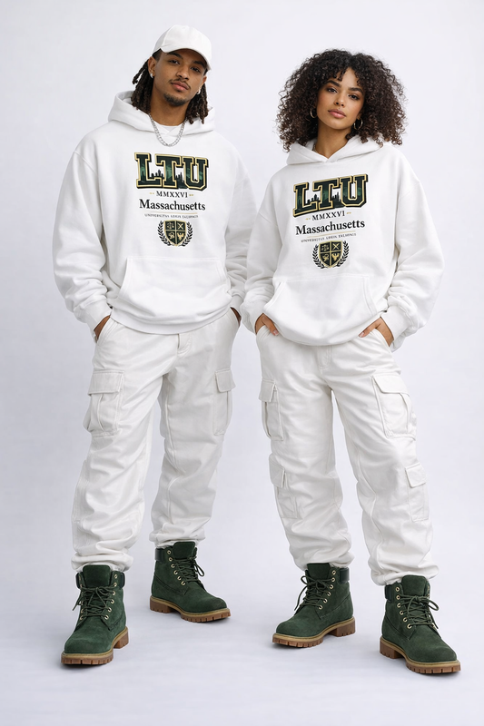 Two people wearing matching white hoodies with 'LCU Massachusetts' text on a plain background