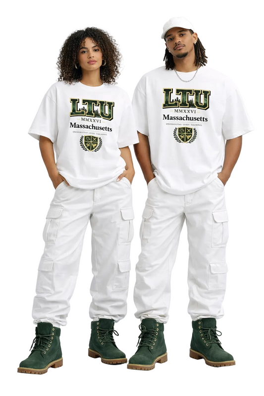 Two people wearing matching white t-shirts with 'LTCU Massachusetts' text and logos, white pants, and green boots on a white background.