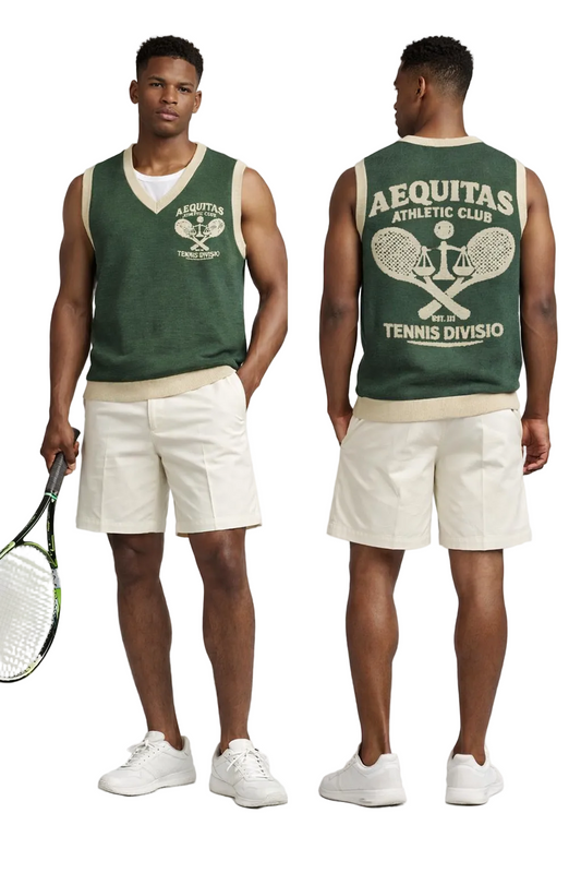 Man wearing a green 'Aequitas Athletic Club' tank top with text and graphics, holding a tennis racket.