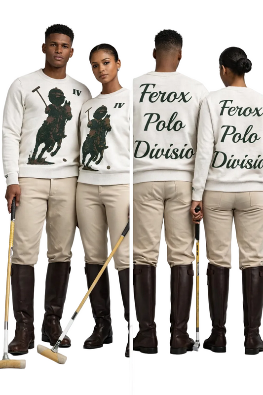Two people wearing matching outfits with 'Ferox Polo Division' text and polo-themed graphics.