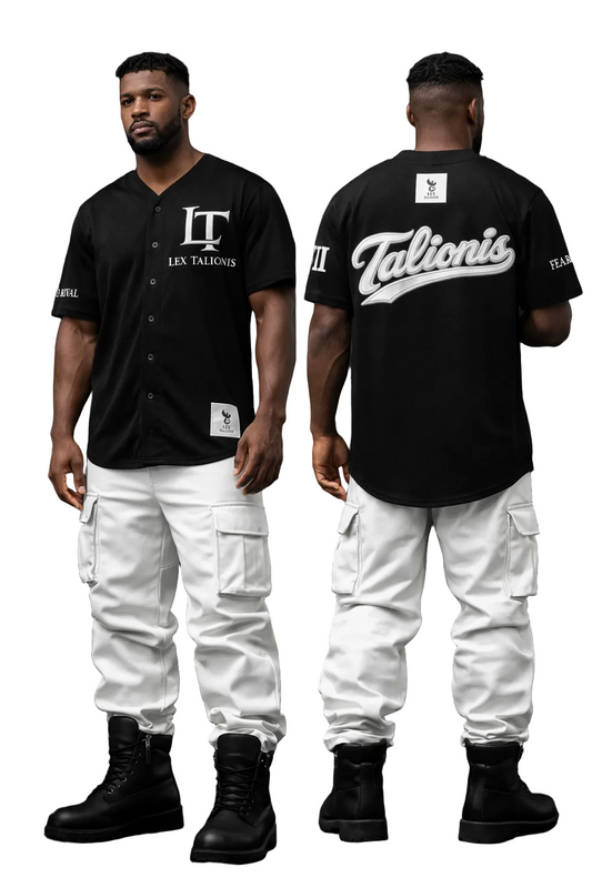 Two men wearing black 'Talionis' jerseys and white pants on a dark background