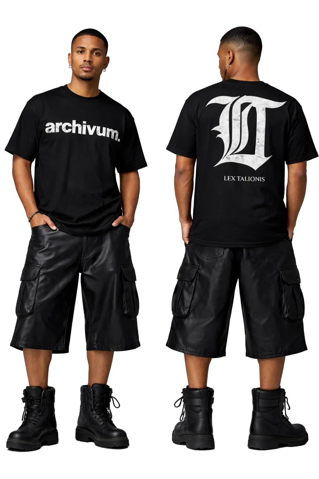 Person wearing a black t-shirt with 'archivum' text on the front and 'LEX TALIONIS' text on the back, standing against a gray background.