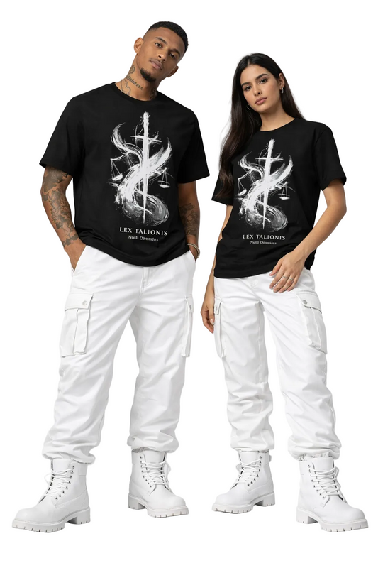 Two people wearing black t-shirts with white graphics and white pants on a gray background