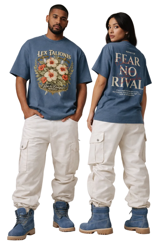 Two people wearing matching blue t-shirts with floral and text designs on a plain background