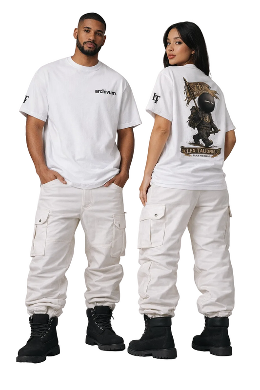Two people wearing matching white outfits with cargo pants and black boots on a plain background.