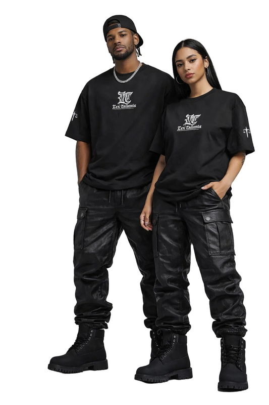 Two people wearing black outfits with a brand logo on a gray background