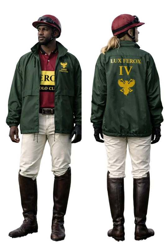 Two views of a person wearing a green jacket with 'Lux Ferox IV' branding on a grassy field.