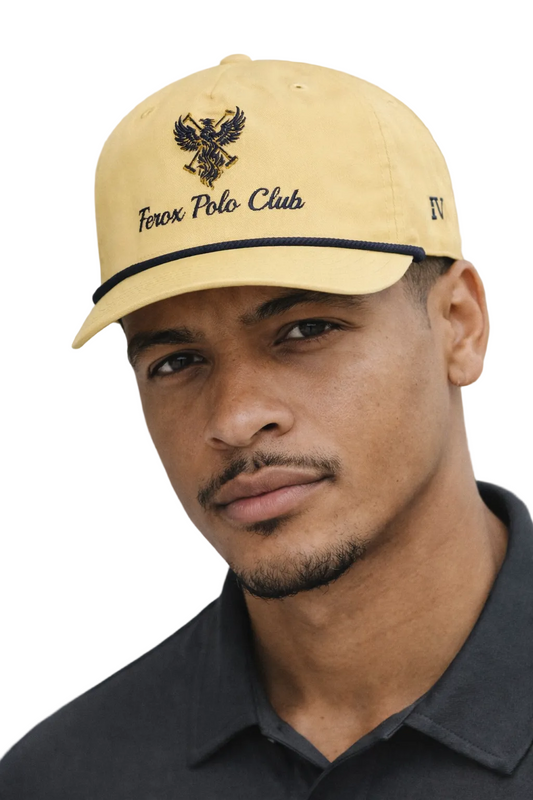 Man wearing a beige cap with 'Ferex Polo Club' logo and text.