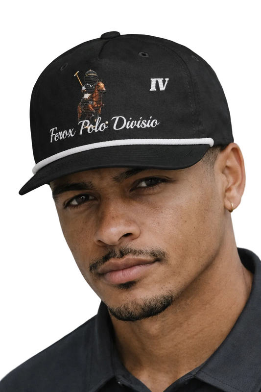 Man wearing a black cap with embroidered text and logo, outdoors.