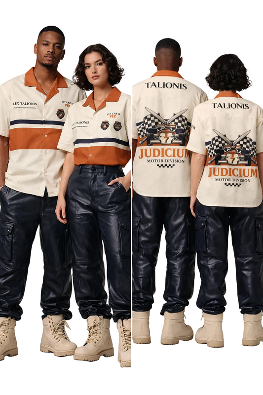 Two people wearing matching outfits with 'Talionis' and 'Judicium' branding on a plain background.