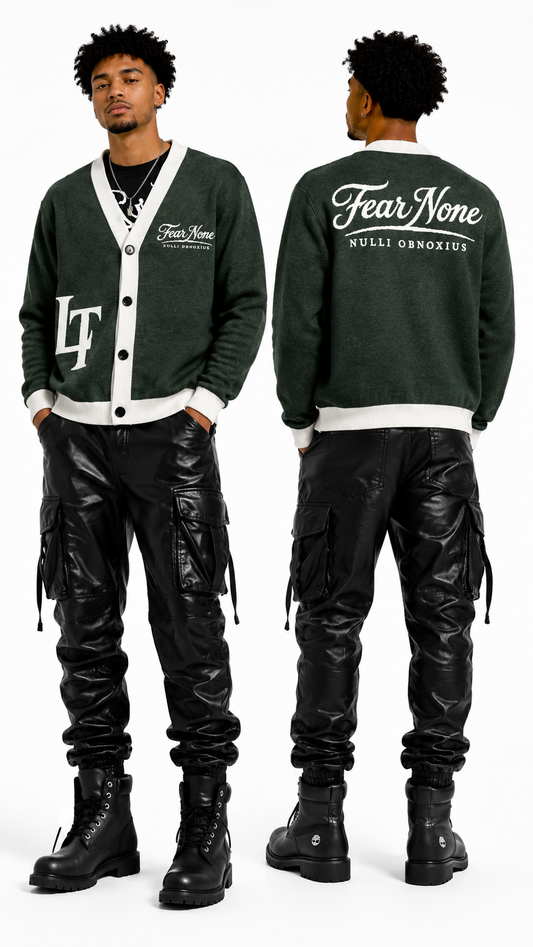 Man wearing a green varsity jacket with 'Fear None' text, black pants, and boots on a white background.