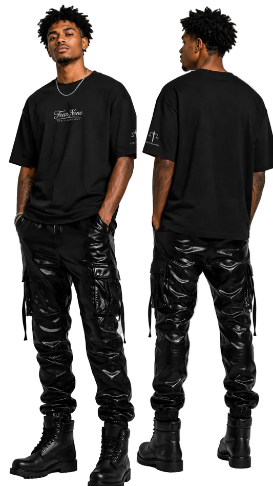 Person wearing a black t-shirt and shiny black pants, standing against a plain background.