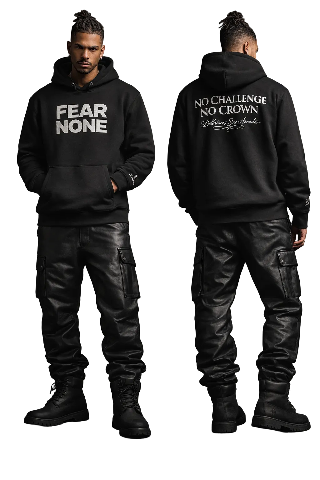Person wearing a black hoodie with text on front and back, standing against a gray background.