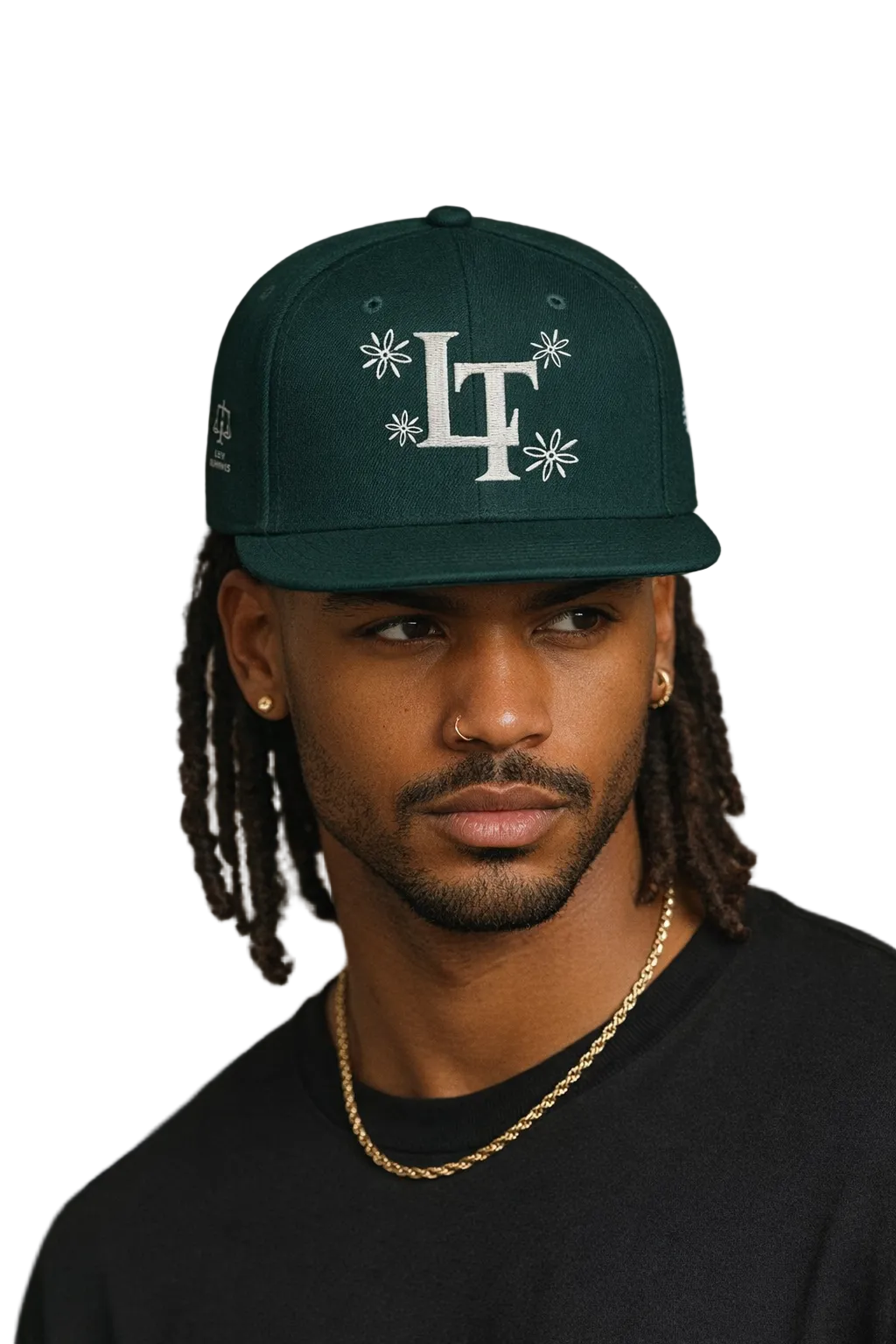 Man wearing a green cap with 'LT' logo against a warm-toned background