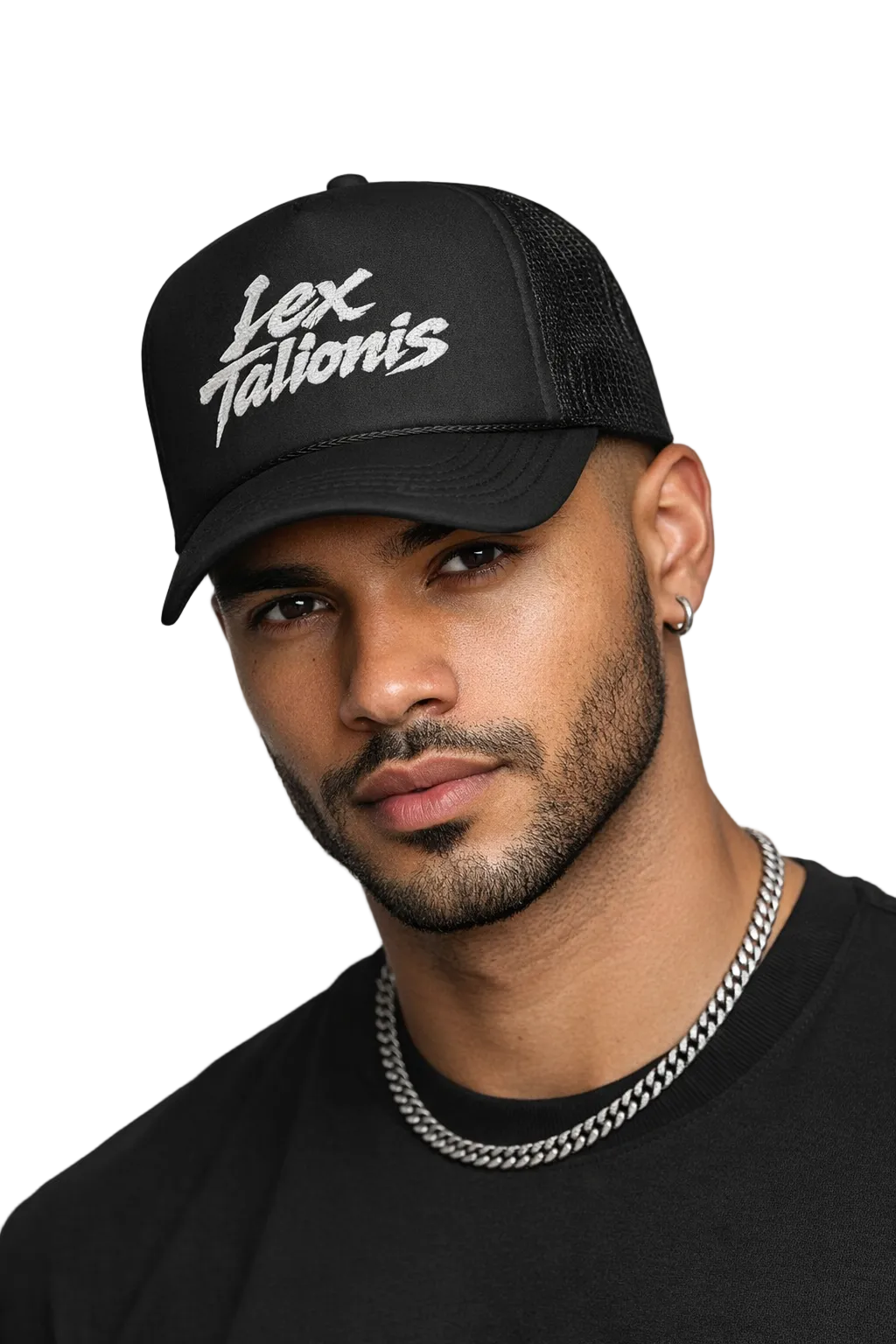 Man wearing a black cap with 'Lex Talionis' text on a white background