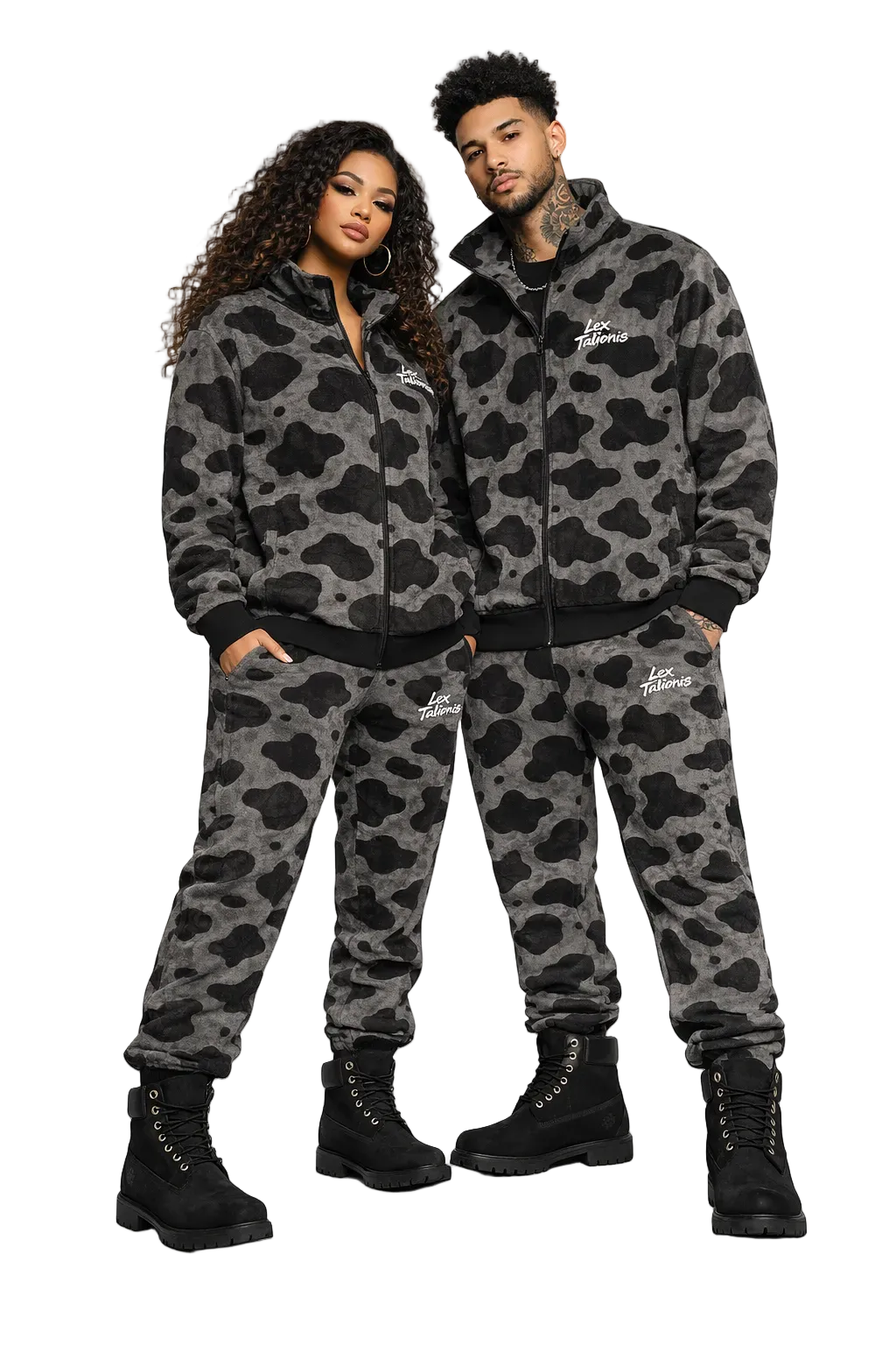 Two people wearing matching camouflage outfits with brand logos on a white background