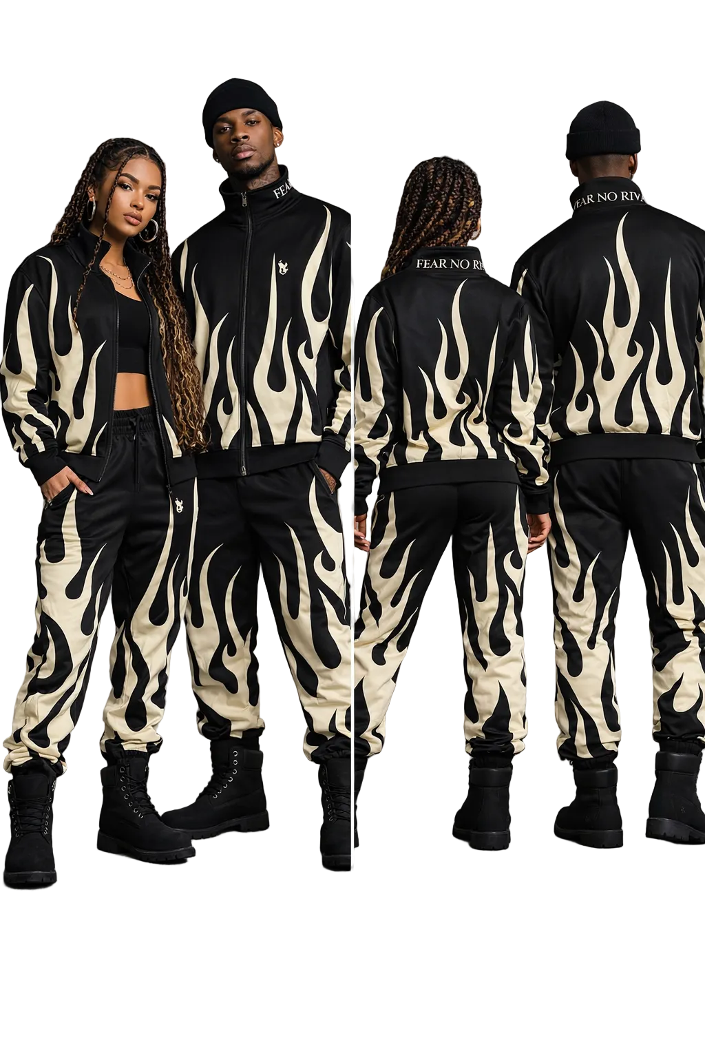Two people wearing matching black and white flame-patterned outfits on a gray background.