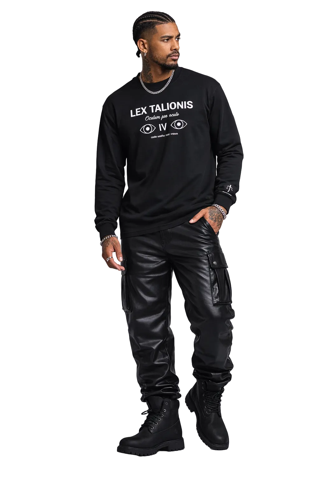 Man wearing a black sweatshirt with text and graphics, black pants, and black boots on a white background