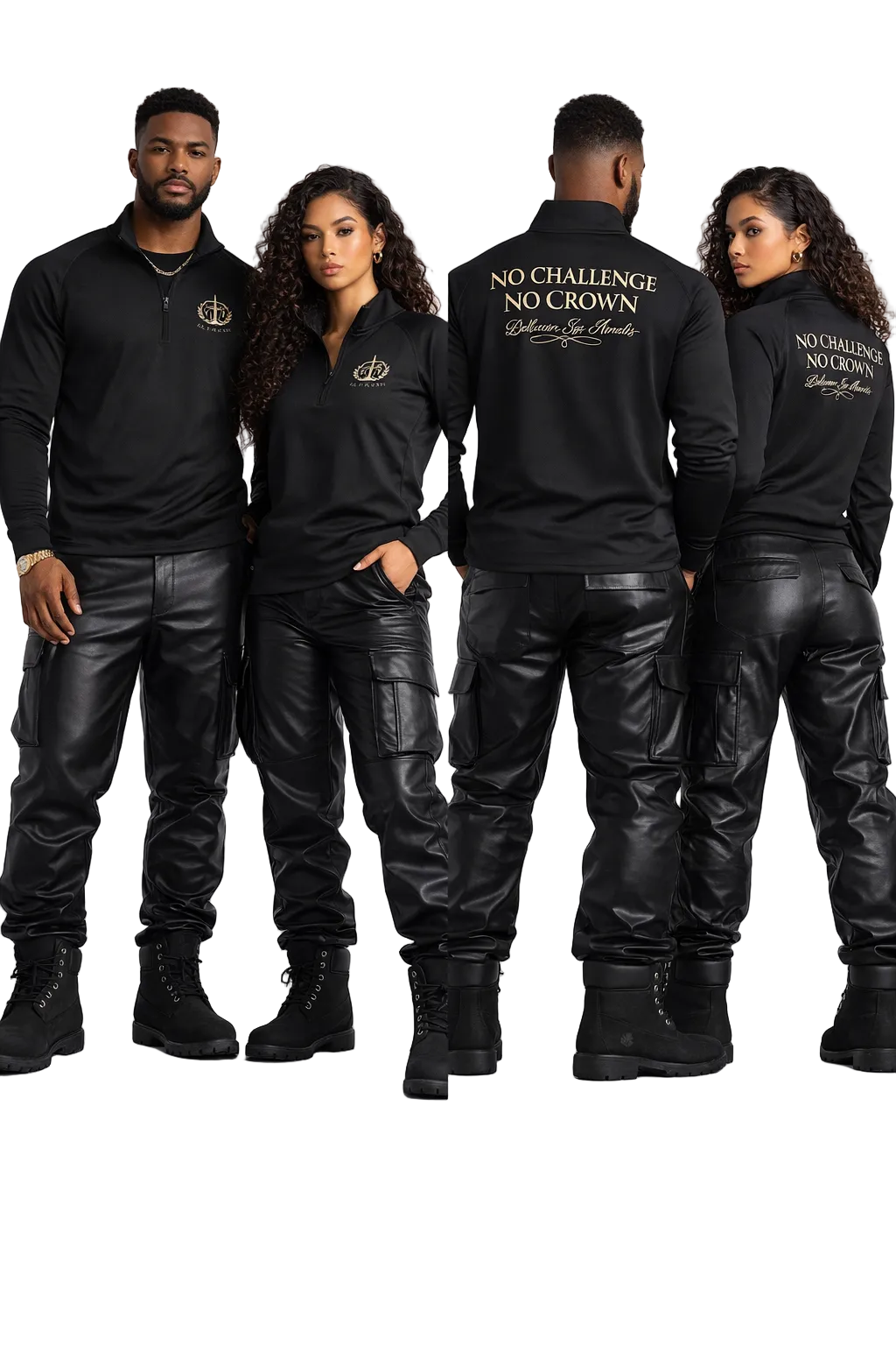Four people wearing matching black outfits with 'No Challenge No Crown' text on a white background