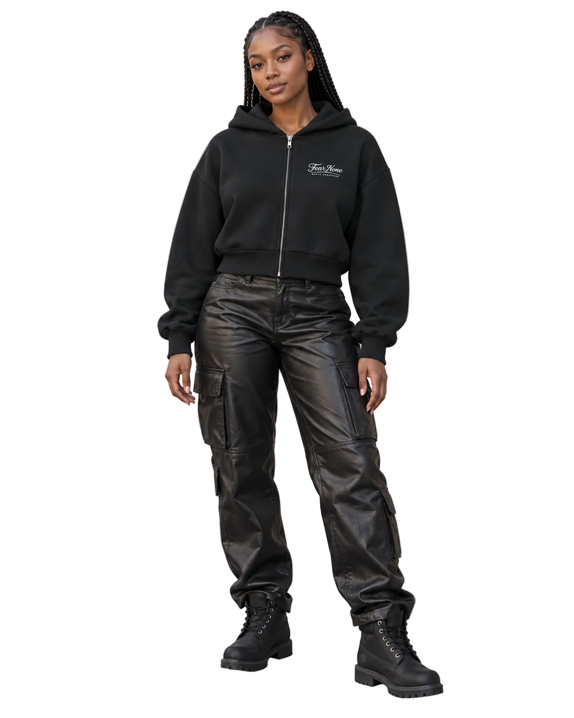 A woman stands on a city sidewalk wearing a black cropped zip-up hoodie with a small white chest logo, black leather cargo pants, and black lace-up boots, posed against a beige stone building.