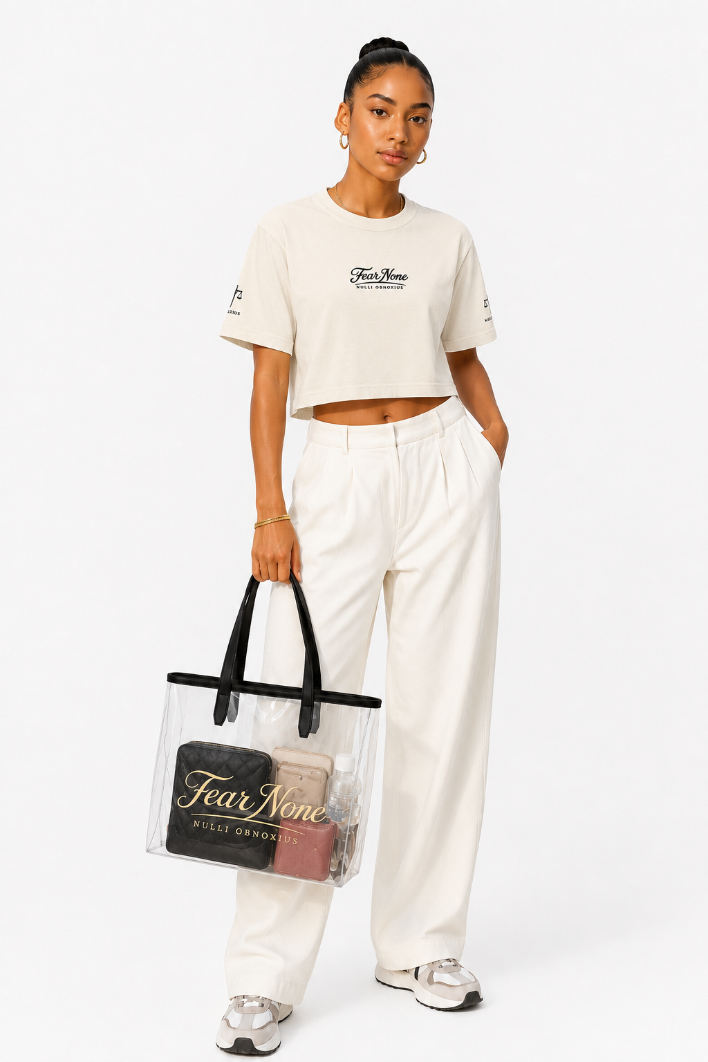 Person wearing a white t-shirt and pants, holding a clear bag with text, on a white background