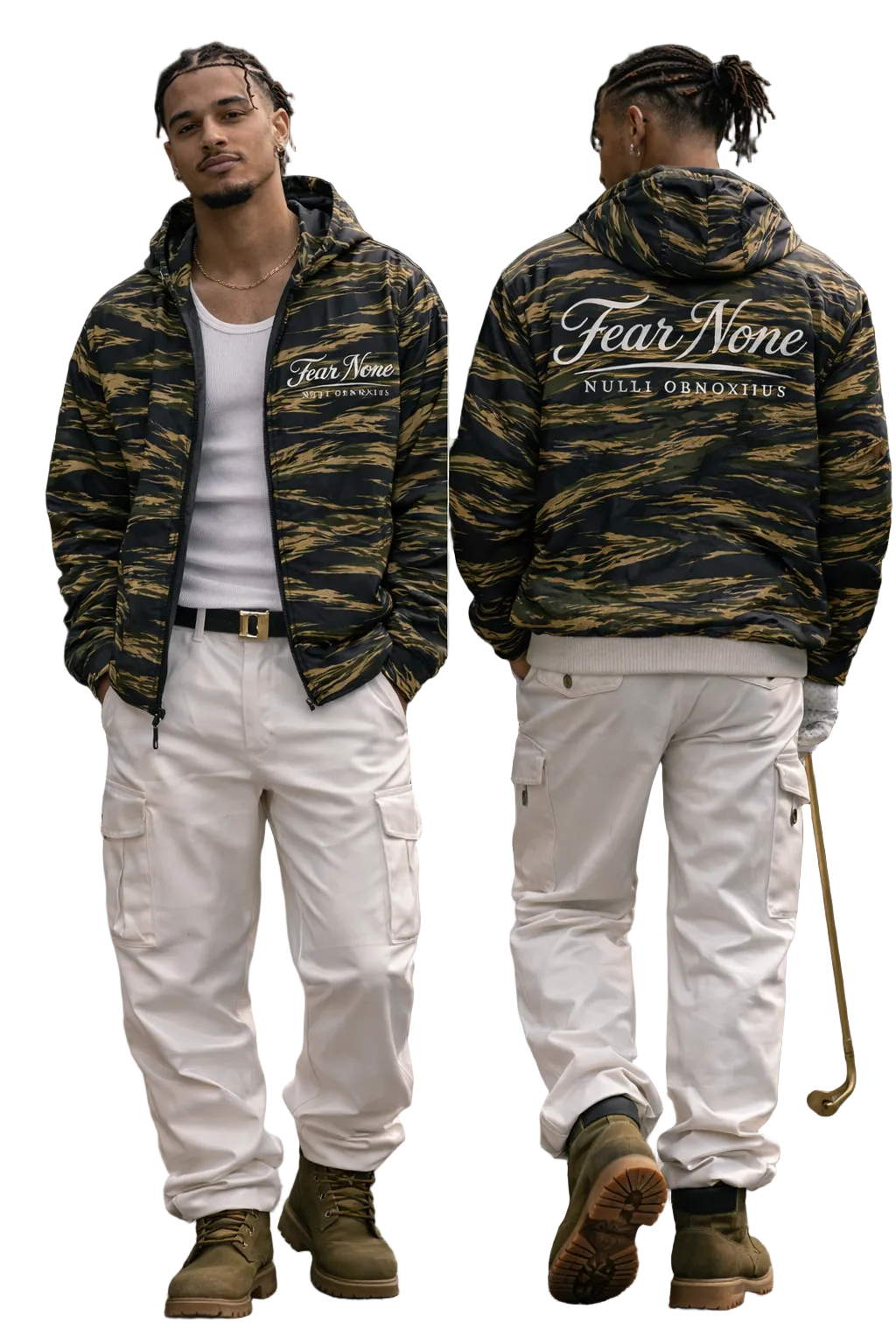 Person wearing a camouflage jacket with 'Fear None' text, white pants, and brown boots outdoors.