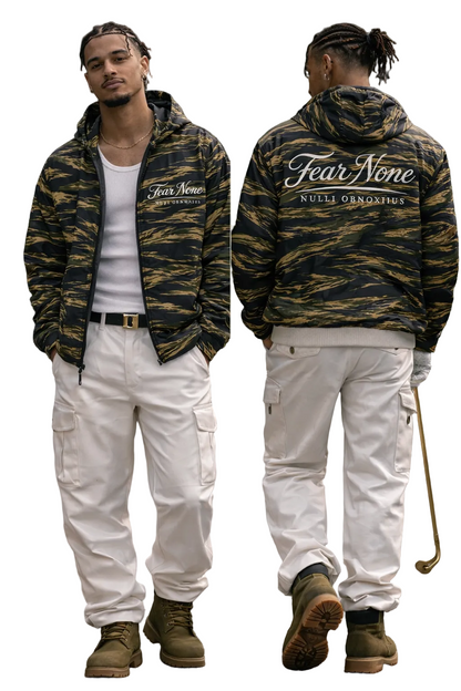 Person wearing a camouflage jacket with 'Fear None' text, white pants, and brown boots outdoors.