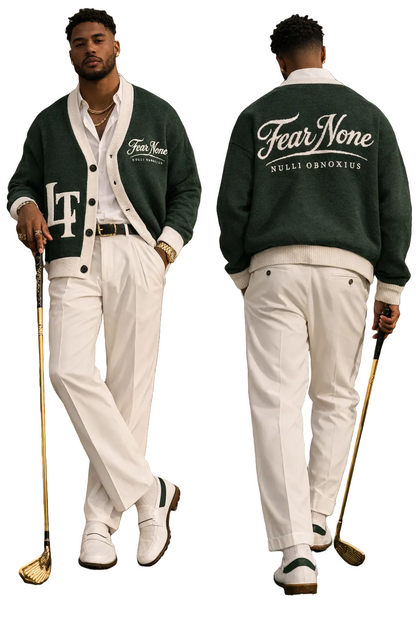 Man wearing a green cardigan with 'LT' and 'Fear None' text, holding a golf club on a golf course.