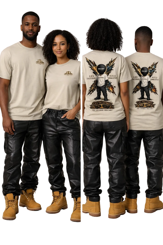 Two people wearing matching white t-shirts with a design on the back, standing side by side.