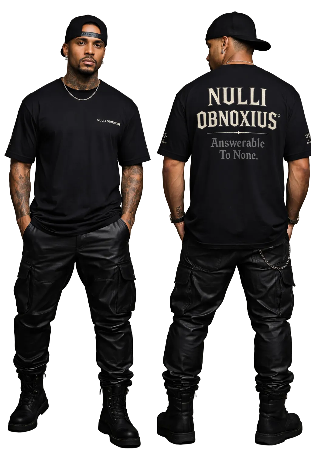 Person wearing a black t-shirt with 'NULLI OBNOXIOUS' text, standing against a gray background.