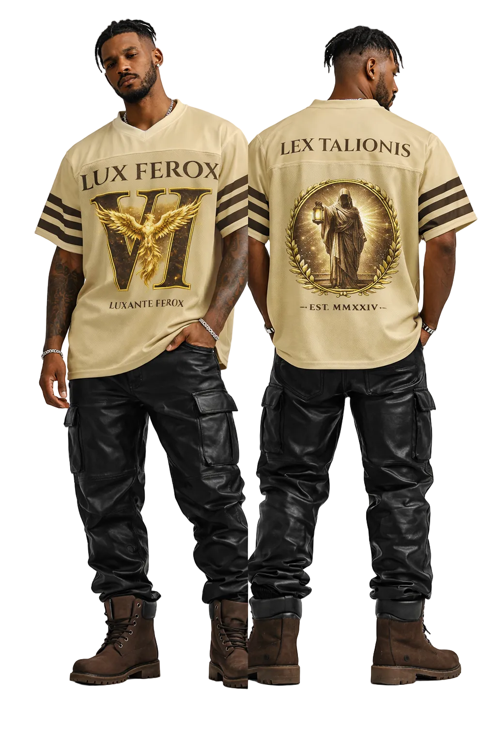 Two models wearing matching beige t-shirts with Roman numeral designs and text on a white background.
