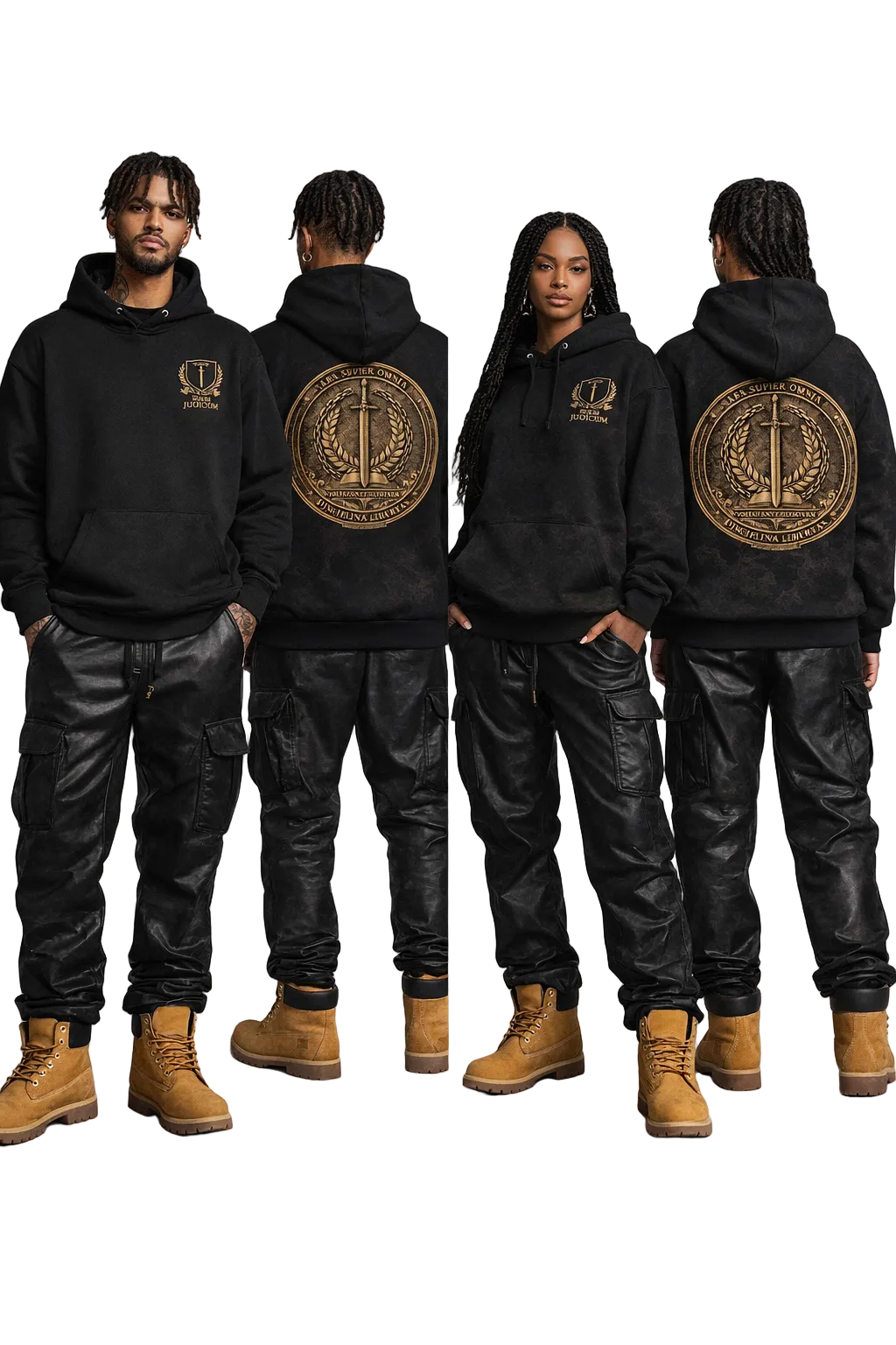 Four people wearing matching black hoodies with logos on a gray background