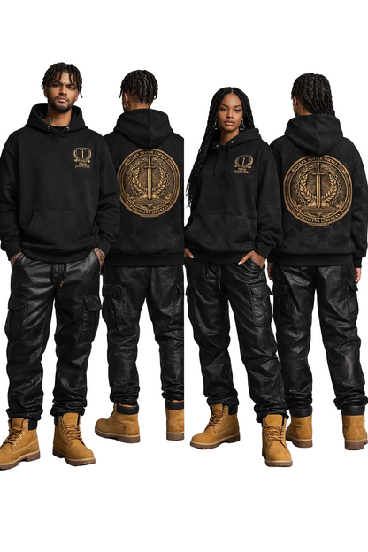 Four people wearing matching black hoodies with logos on a gray background