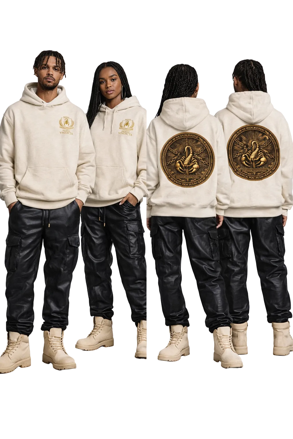 Two pairs of people wearing cream hoodies with a logo on the front and back, standing side by side against a gray background.