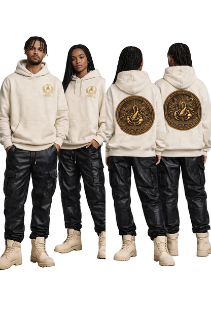 Two pairs of people wearing cream hoodies with a logo on the front and back, standing side by side against a gray background.
