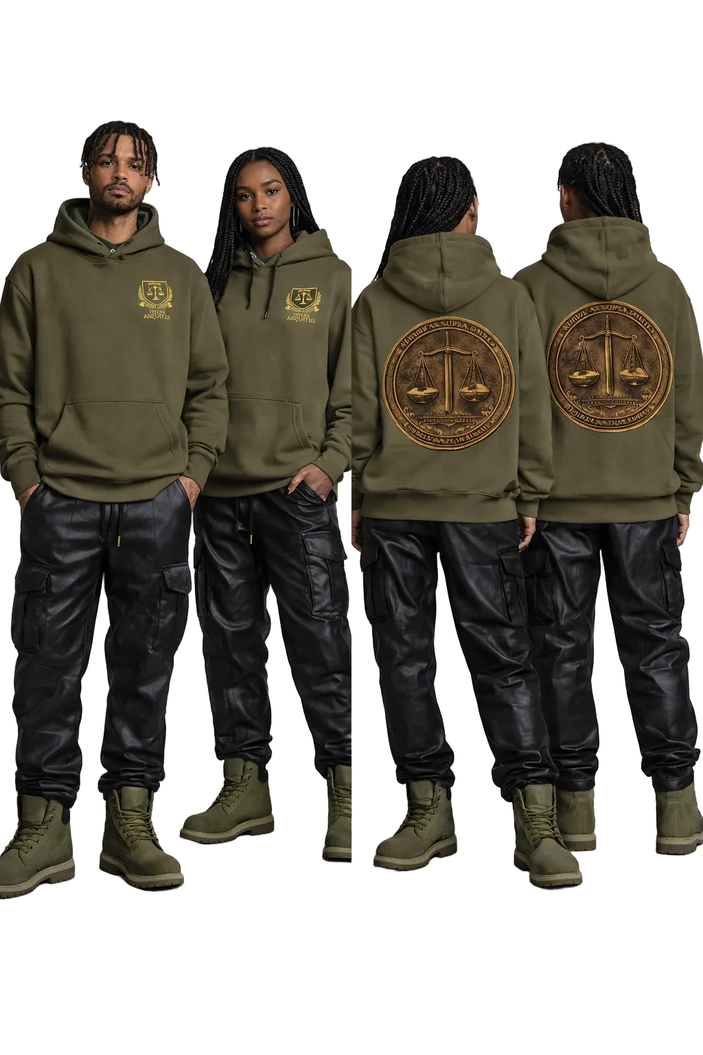 Two pairs of people wearing green hoodies with a logo on a white background