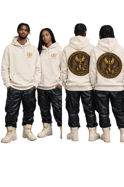 Two people wearing cream hoodies with a design on the back, standing side by side against a gray background.