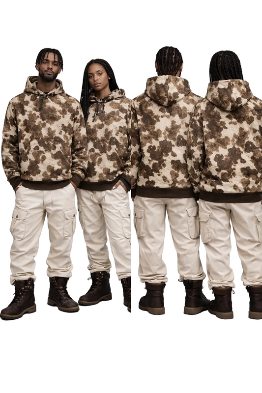 Two pairs of people wearing camouflage hoodies and beige pants on a gray background