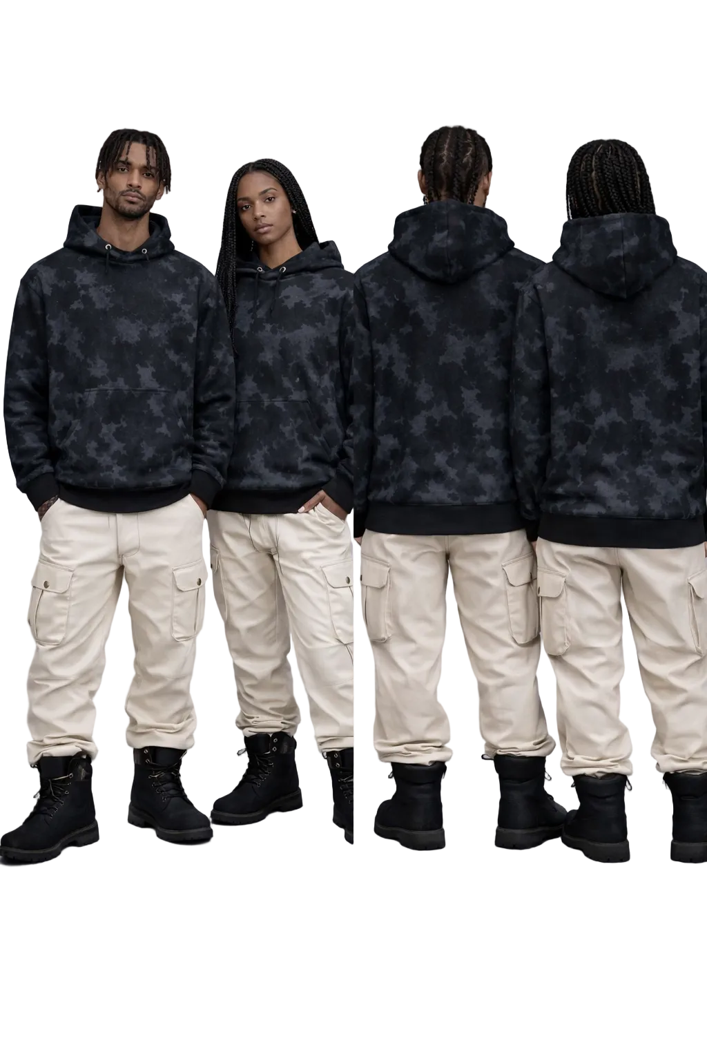 Four views of a person wearing a black camouflage hoodie and beige cargo pants on a gray background.