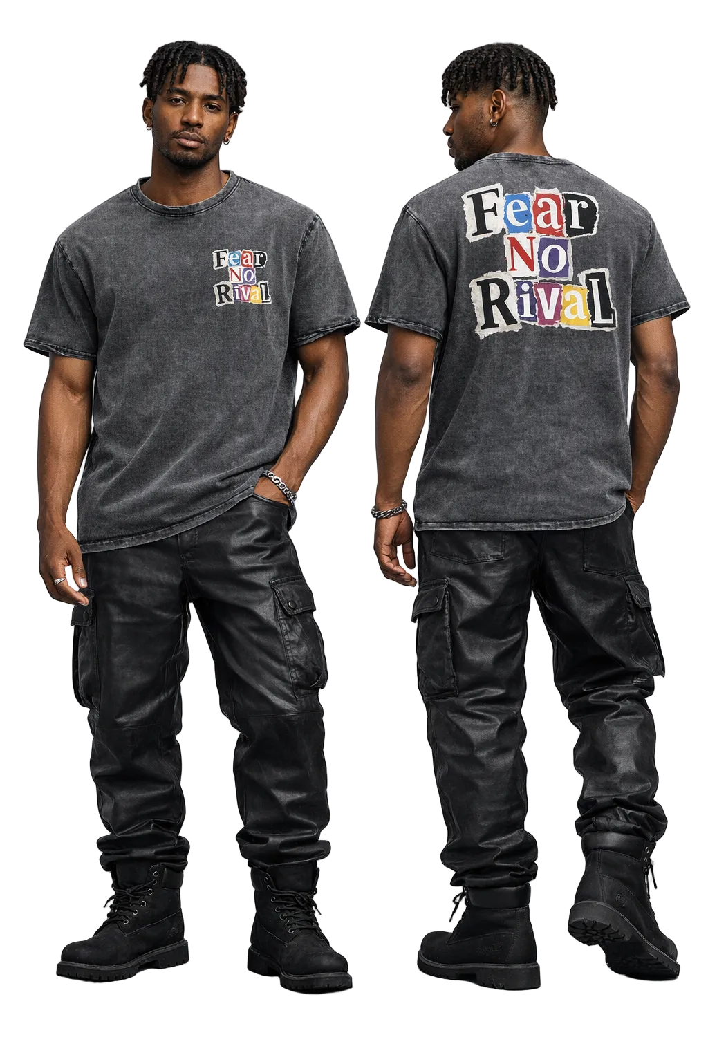 Person wearing a gray t-shirt with 'Fear No Rival' text on a plain background
